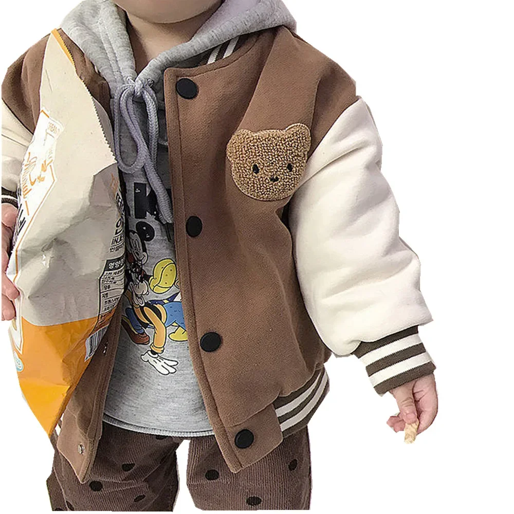 New Chidlren Girls Cartoon Bear Jackets Long Sleeve Fleece Coat Warm Fall Kids Boys Beseball Outwear Winter Toddler Clothi