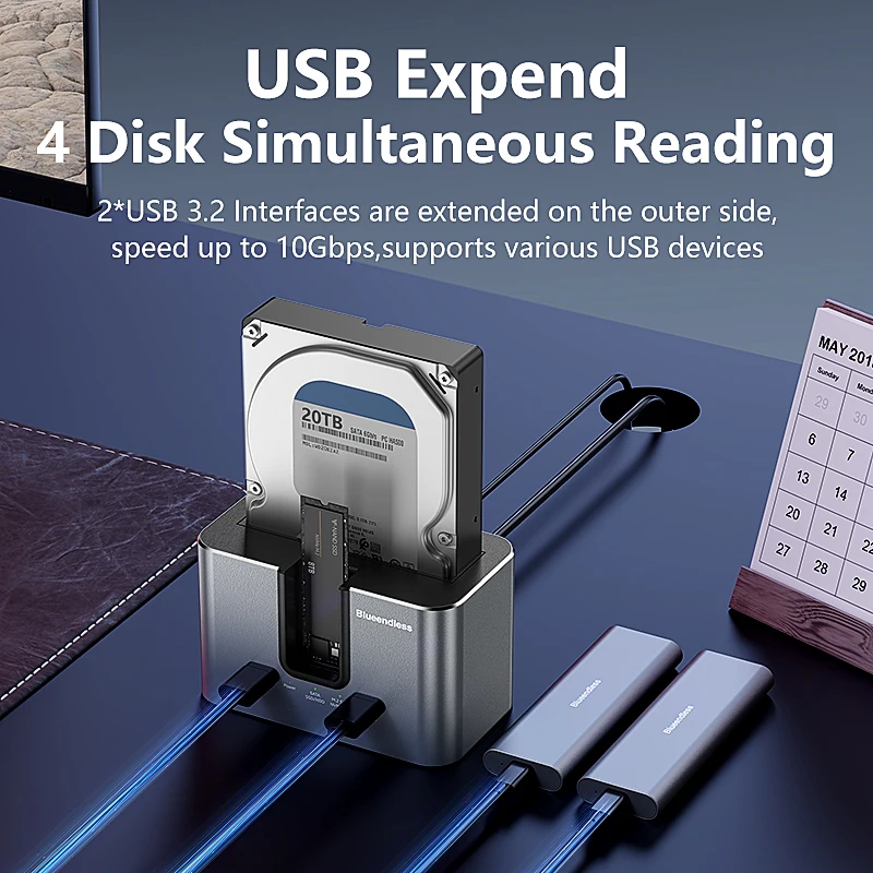 블루엔들리스 SSD HDD 도킹 스테이션 (멀티 M.2 PCIE NVME & m2 SATA & 2.5/3.5 SATA SSD/HDD 지원, USB3.2 허브 포함 HDD/SSD 인클로저)