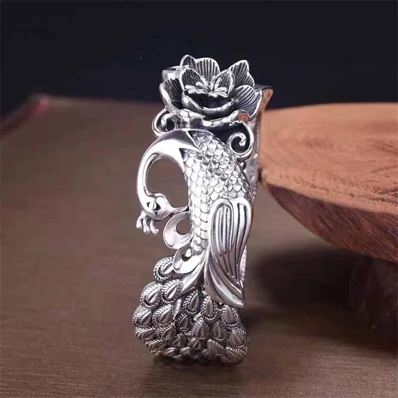 

999 Sterling Silver Bracelet Female Peacock Peony Retro Openwork Full Silver Bracelet Wide Version For Mother And Girlfriend