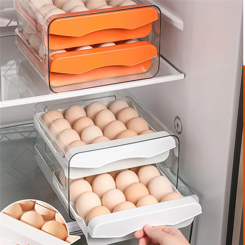 

32 Grids Egg Storage Box Refrigerator Transparent Double Drawer-Type Egg Box Container Home Kitchen Egg Holder White