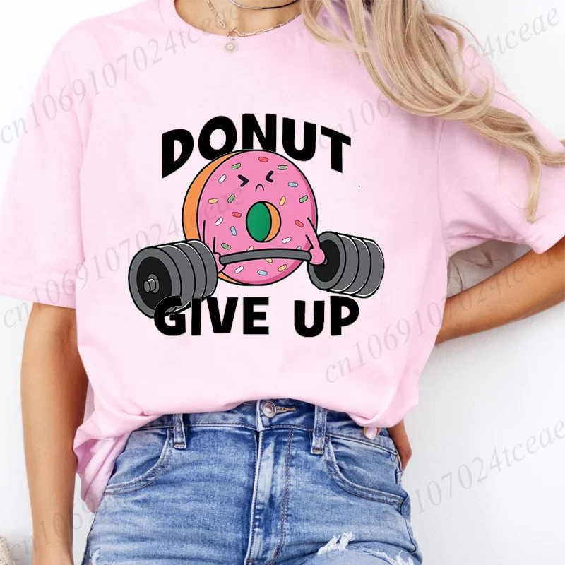 Doughnut Weightlifting Donut Give Up Girl T-Shirt Summer Tee Shirt Gym Lifting Gymer Cartoon Casual Popular Tshirt Vigor Leisure 1