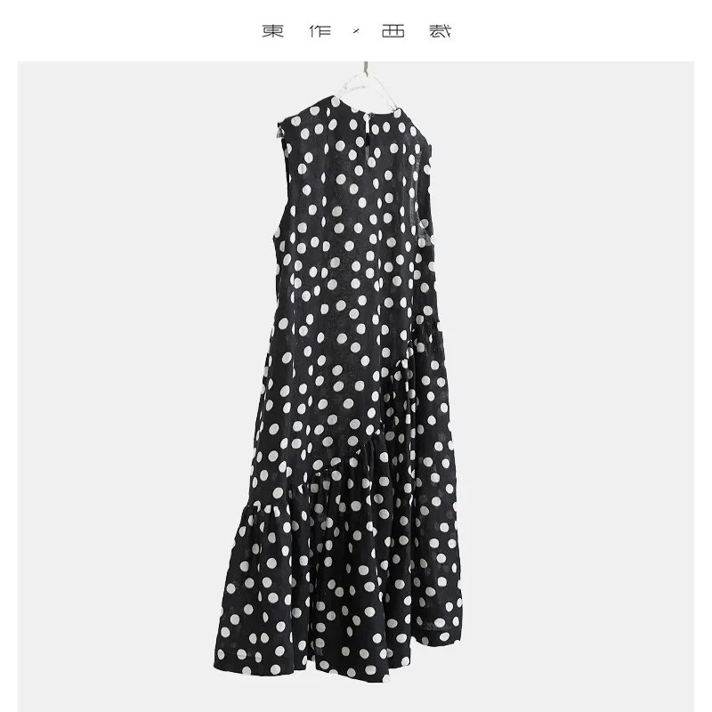 100% Linen Sleeveless Polka Dot Dress, Loose-Fitting and Slimming Long Dress 3