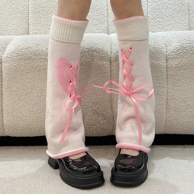 

Lolita Wide Leg Warmers Spicy Girl Socks Set Y2K Cultural Strap Bow Knot Drawstring Lower Leg Socks Pile Up Socks and Feet Set