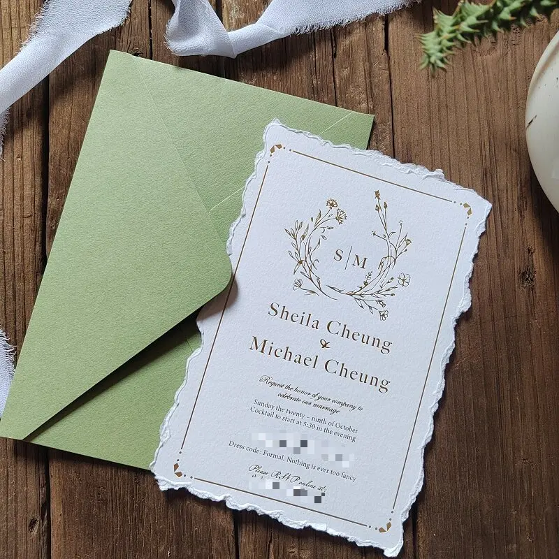 

50pcs Personalized Gold Foil Stamping Ripped Edge Invitation Cards with Sage Green Envelopes