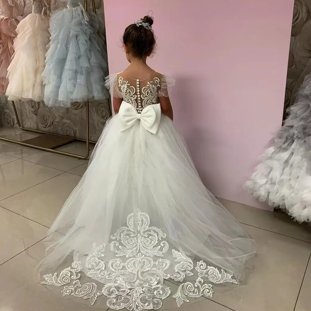 Flower Girl Dresses Wedding Party Dresses Flower Girl Dress Ball Gown Kids Pageant Big Bow Long Sleeves Champagne Child Bride Dresses Vestidos Novia
