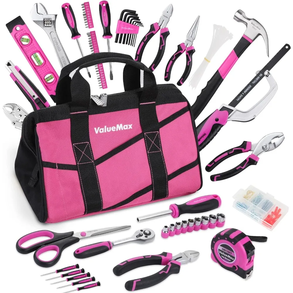 

ValueMax Pink Tool Kit, 219-Pieces Home Repairing Tool Set, Household Tool Kit with Wide Mouth Open Storage Bag, Household