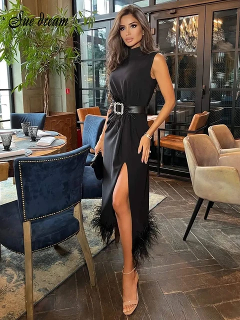 Fshion Blck Fether Split Midi Dress 2022 New Summer Womens Sexy Sleeveless Belted Celebrity Club Prty Dress Vestidos| |  