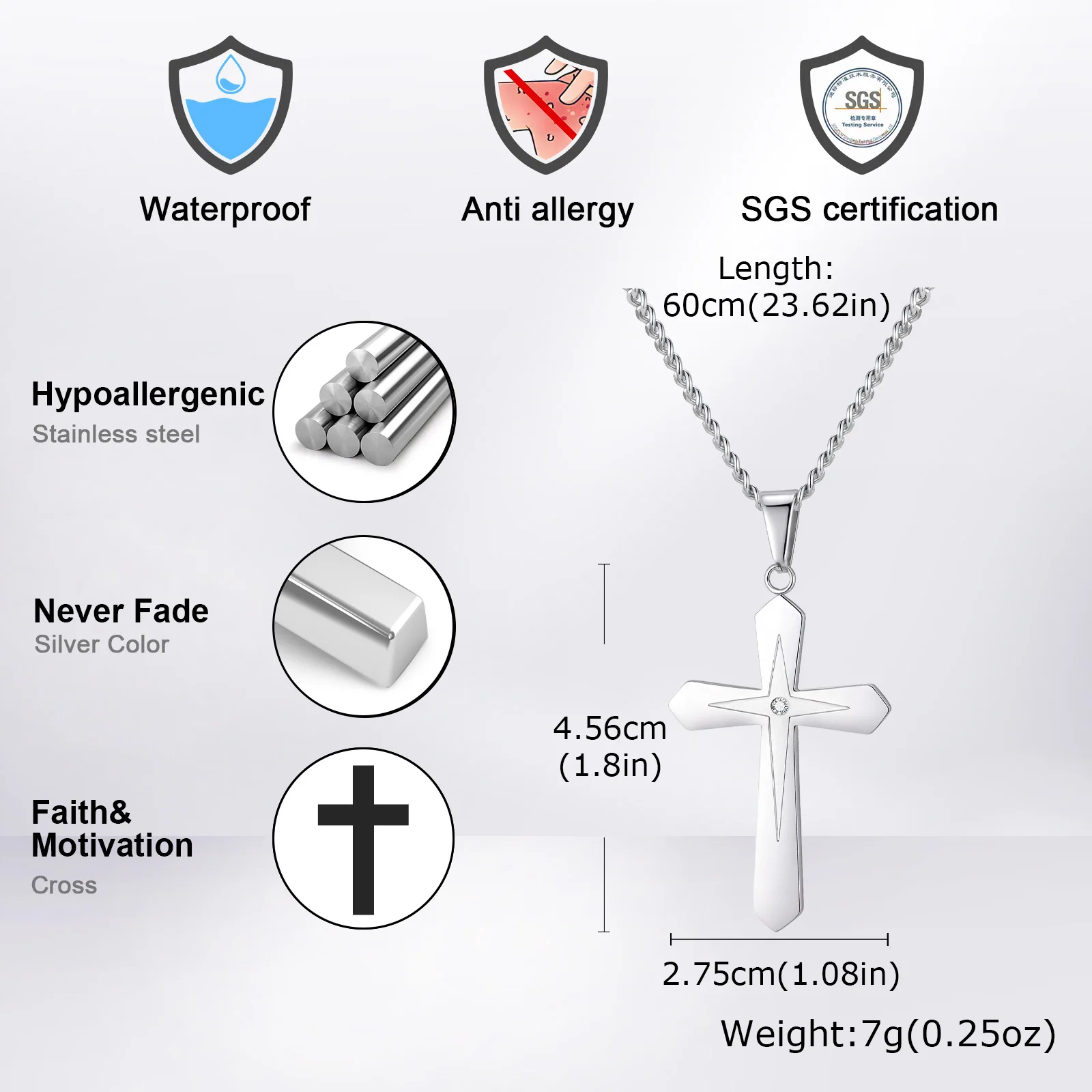 Minimalist Cross Necklace for Men,Never Fade Metal Cross Pendant,Casual Jewelry Gift