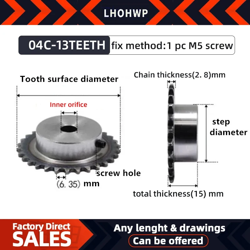 04c Sprocket 13Teeth Inner Hole 6/8/10/12mm 25H 45# Steel Sprocket 04c Table Wheel Finished Hole Screw M5