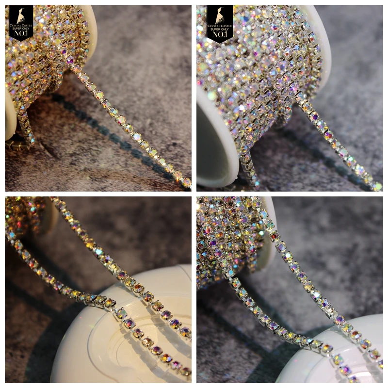 Kristallschloss-Diamantbesatz, 2 mm, 4 mm, Strass-Fransen, goldene Tasse, Nähsteine, dekorative Besätze, Strass-Kette für Kleidung – Detail 11
