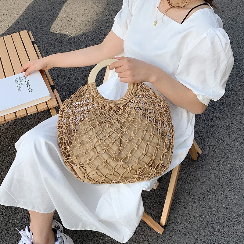 

Bohemia Hollow Out Women Weave Straw Tote Bag 2023 Summer Travel Round Handle Beach Bags Handmade Lady Handbag