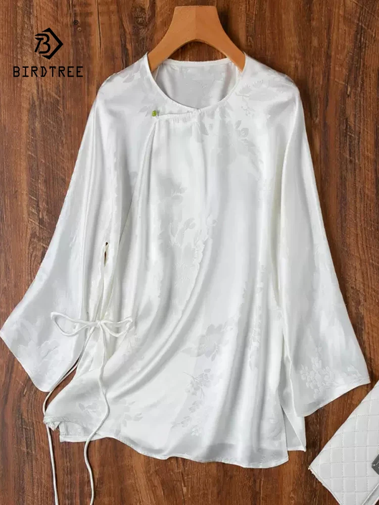 

BirdTree, 20MM 100%Real Silk Elegant Shirt, Women 3/4 Sleeve O Neck Jacquard, Retro OL Chinese Blouse, 2024 Summer New T45929QC