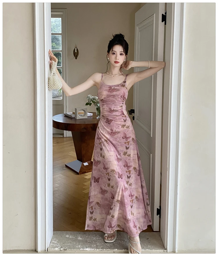Sexy Printed Long Dresses for Women Mesh Spaghetti Strap Slim A-line Party Dress Summer Korean Fashion One Piece Vestido Mujer