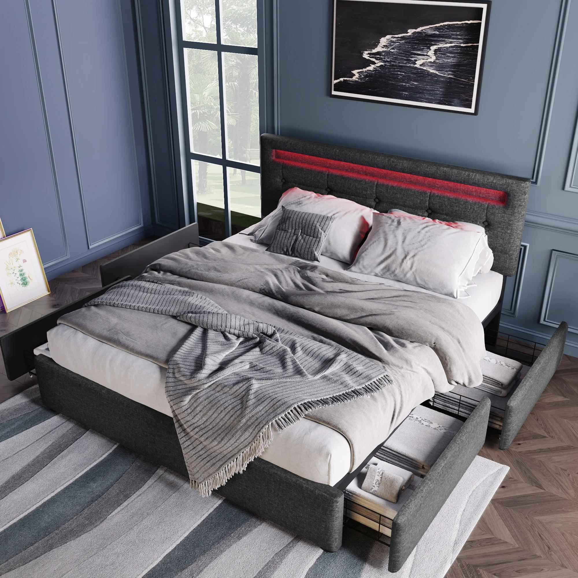 

Bed Frame Queen Size, Upholstered Platform Bed Frame with 4 Storage Drawers and LED Lights & Adjustable Headboard,No Box Spring