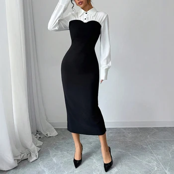 Mia Muse All Season 2025 K-Fashion Elegant Solid Color Long Sleeve Shirt Collar Bodycon Dresses For Women
