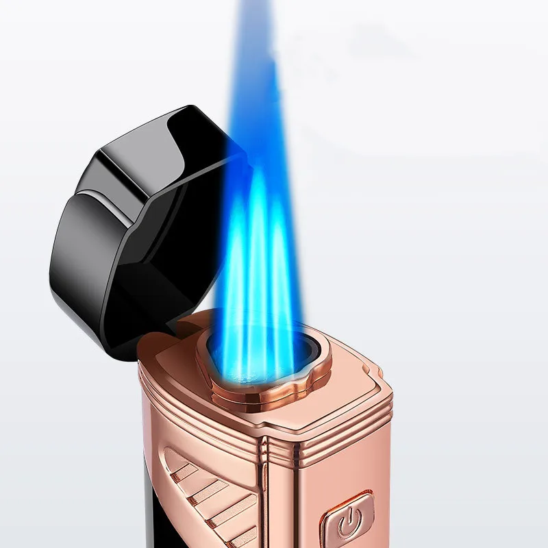 New Touch Sensing Metal Outdoor Windproof Electric USB Lighter Turbo Three Torch Jet Power Display Cigar Lighter Cigar Tool