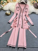  Autumn And Winter Long-Sleeve Knit Suits Lace-Up Waist Mid-Length V-Neck Cardigan + Wide-Leg Pants Two-Piece Outfits Female 
