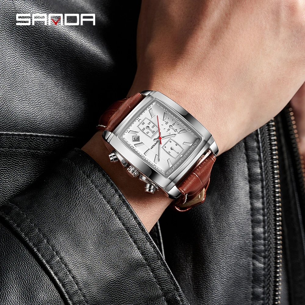 SANDA Men's Business Analog Chronograph Luminous Rectangle Quartz Watch with Stylish Leather Strap for Sport & Work Wristwatch