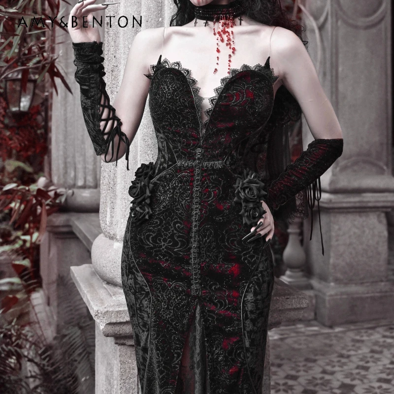 Original Design Goth Love Velvet Women's Dress 2025 Spring - Main Image