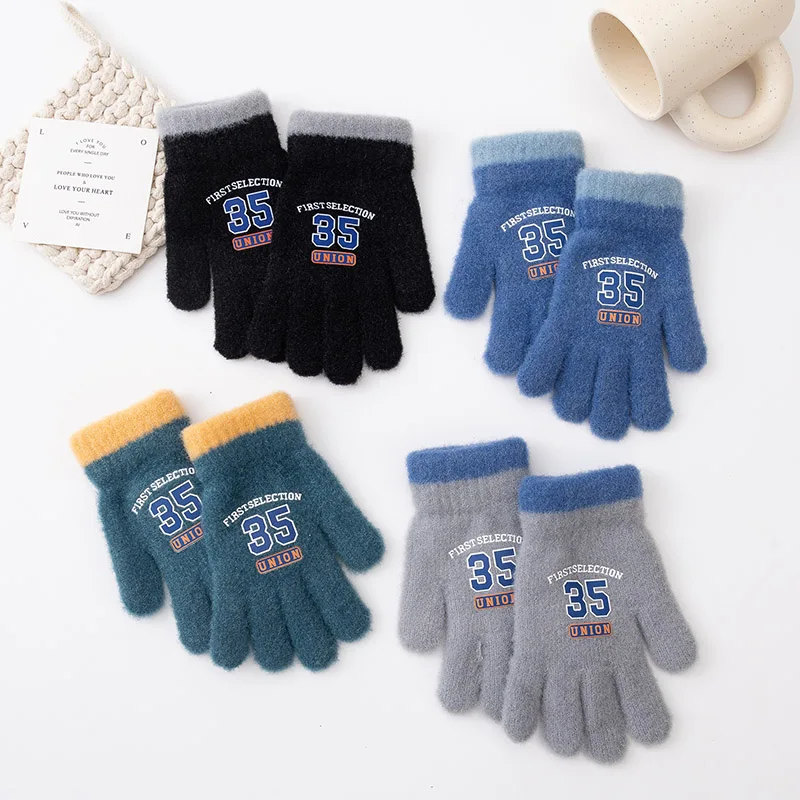 Kids Knitted Gloves Winter Warm Full Fingers Mittens Boys Handsome Cold-proof Soft Children Gloves For 4-8 Years