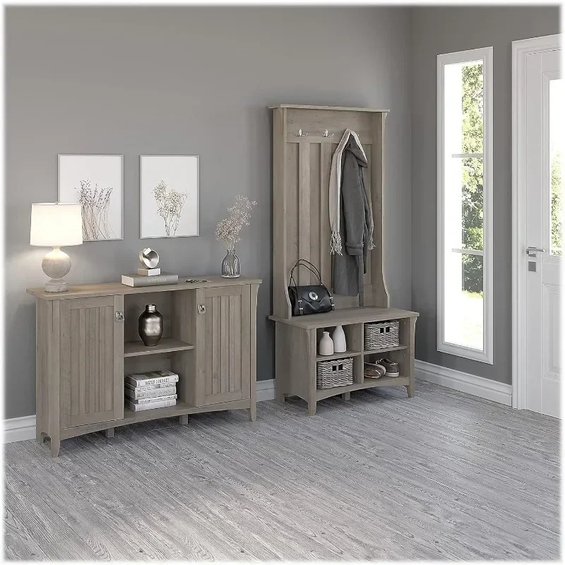 Furniture Entryway Storage Set with Hall Tree, Shoe Bench and Accent Cabinet in Driftwood