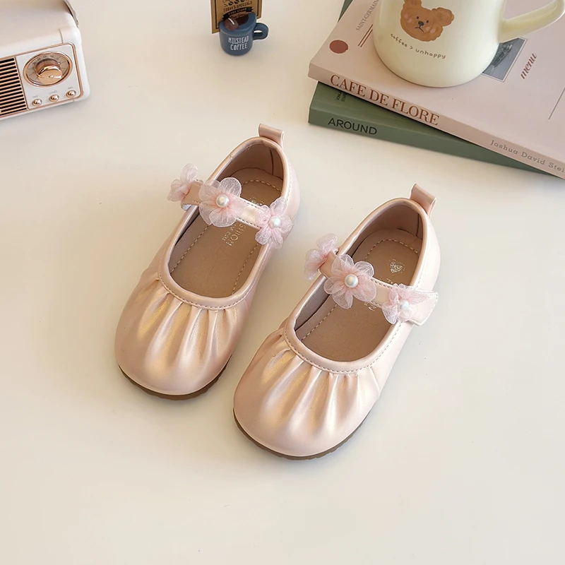 Spring Autumn Little Girls Leather Shoes Princess Fashion Kids Causal Shoes Pleated Lace Children Wedding Party Flat