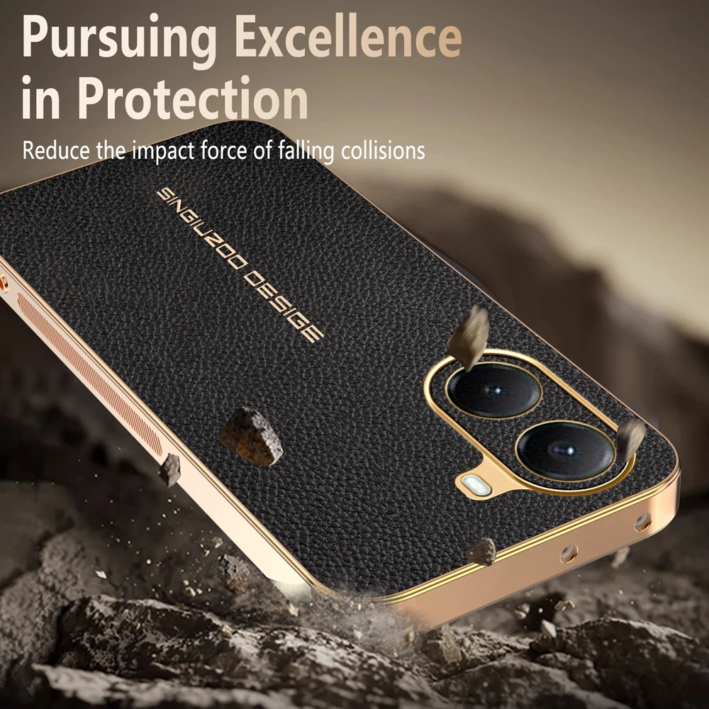 Lychee Leather Electroplated Frame Shockproof Phone Case - Premium Back Cover