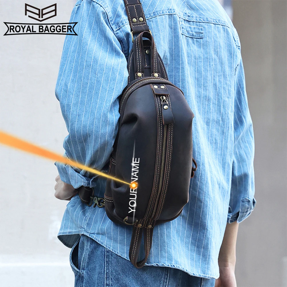 

Royal Bagger Chest Bags for Men Crazy Horse Leather Portable Retro Outdoor Sports Shoulder Crossbody Bag Genuine Cowhide 6732