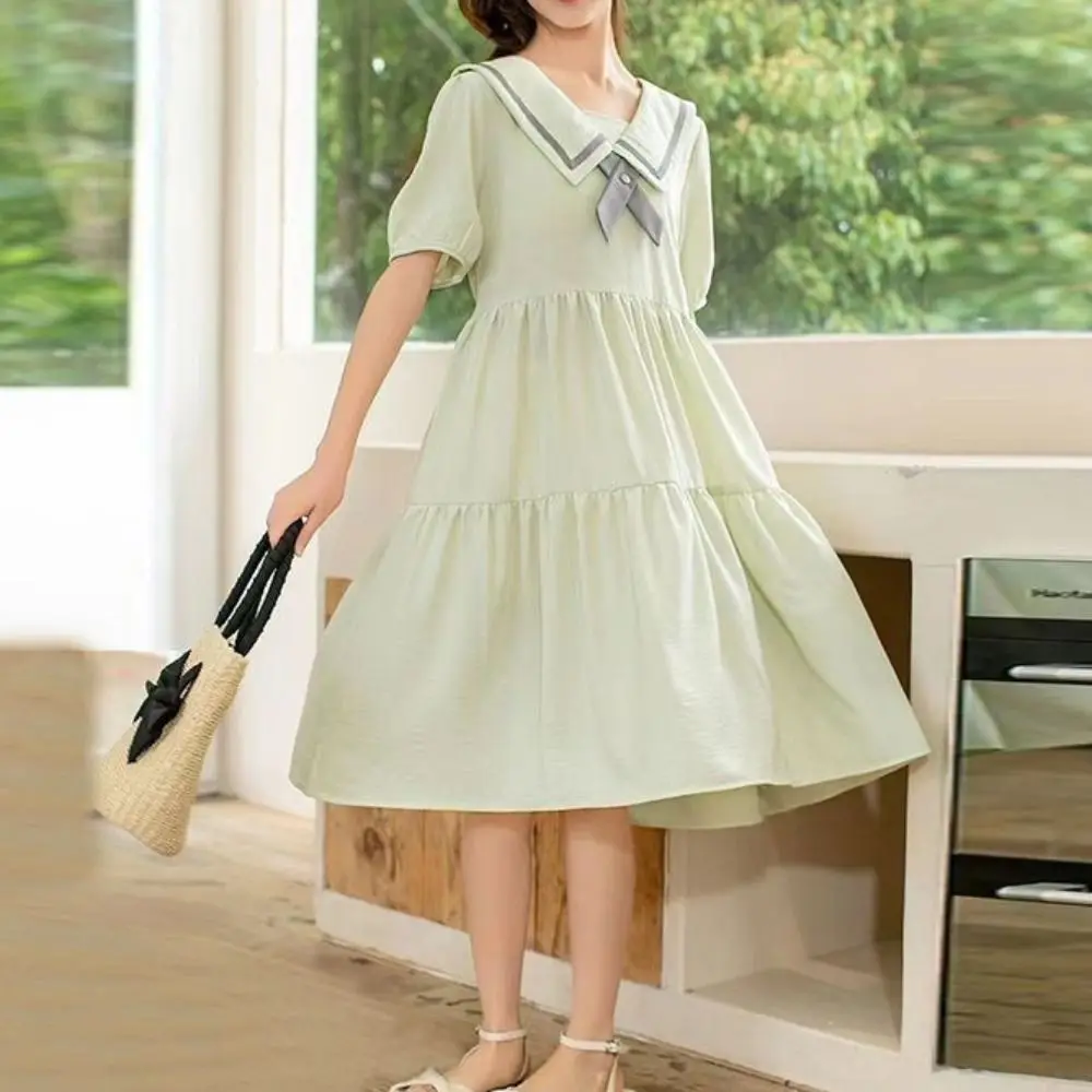 Fashion Bowknot Girl Princess Dress Loose Preppy Style Teenagers Dresses Sweet Puff Short Sleeve Children Bubble Dress Party