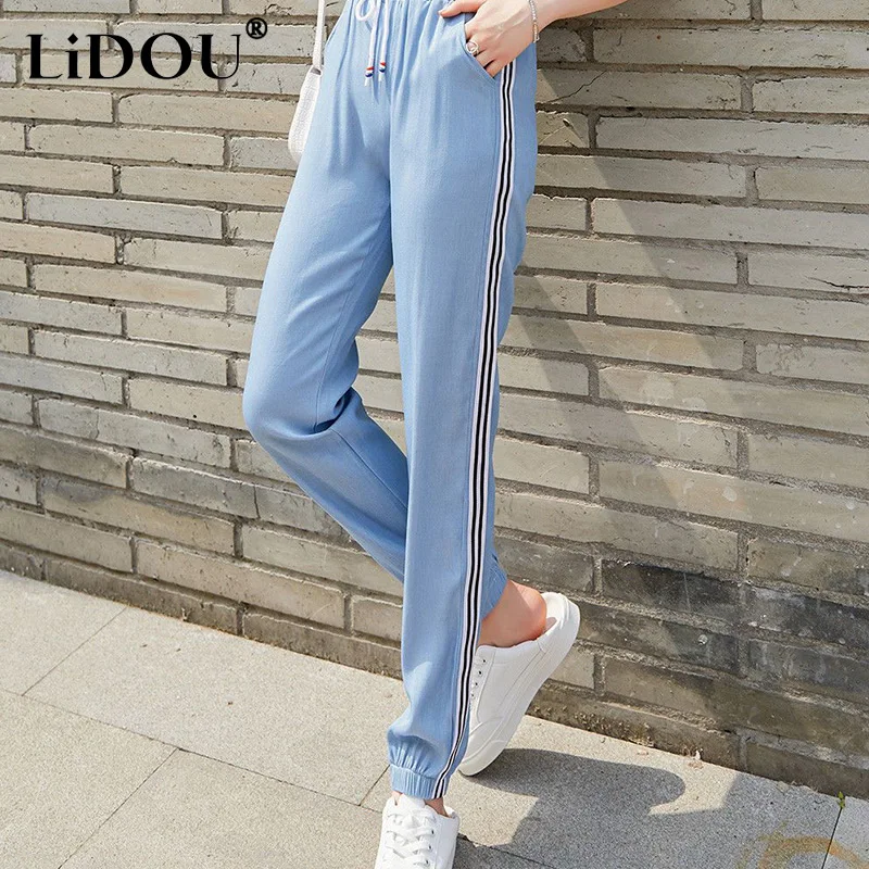 Spring Autumn Fashion Solid Stripe Korean Sweatpants Women Simple Harlan Pants Loose Casual Female Trousers Streetwear Clothes new spring ethnic embroidery elastic waist jeans female loose high waist women harlan pants femme denim pants retro