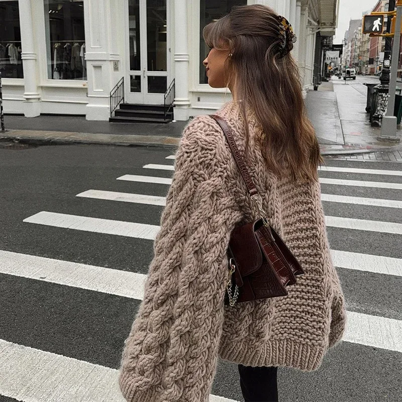 Knit Oversize High Neck Jumper Sweater Women Lazy Round Neck Ribbed Pullover Female Autumn Winter Thick Warm Lady Knitwear