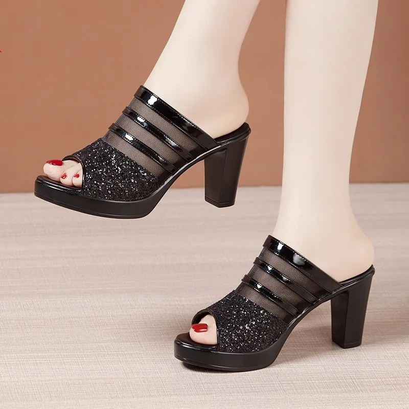 

Small Size 32-43 Elegant Genuine Leather Shoes Wedding Summer Bling Slippers 2024 Women's Block High Heels Slides Mesh Gauze