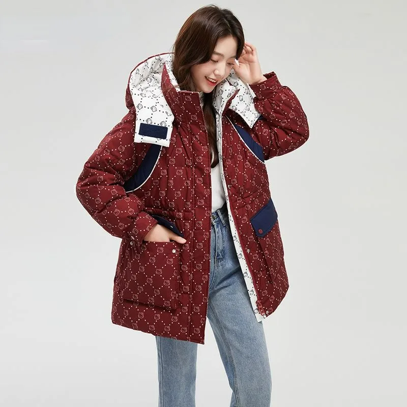 2023 New Women Down Jacket Winter Coat Female Warm Thick Parkas Loose Outwear Mid Length Version Cartoon Hooded Overcoat S-XL