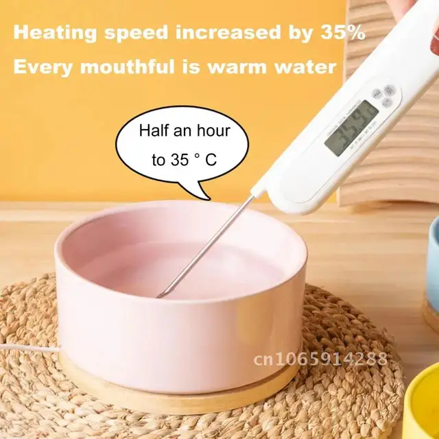 350ml Pet Control Water Feeder,Thermal Cat Water Electric Wood Bowl,With Bowl,With Thermostatic Base,Heating Ceramic Heated 2