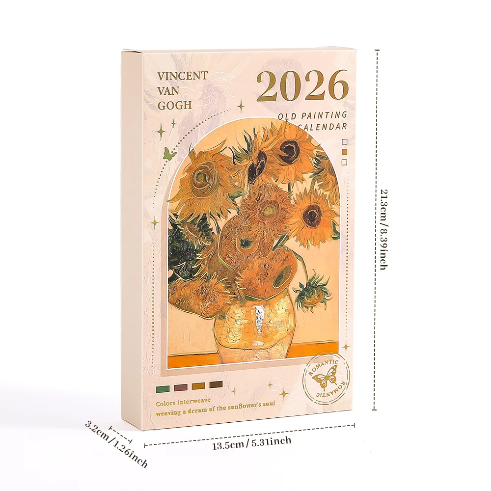 2026 Card Insert Desk Calendar Vintage Painting Monthly Planner With Wooden Base Desktop Decor For Monthly Schedule Organizer