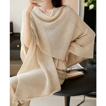 ITOOLIN Solid Knitted Loose Office Shawl Wool Hollow Out Cardigan Shawl Air-conditioning Shirt Sweater Cape Coat Summer 2024 1
