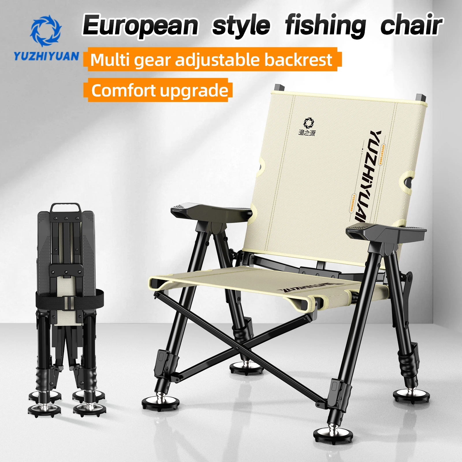 Chaise pêche pliante portable avec pieds télescopiques et dossier réglable pour terrains variés