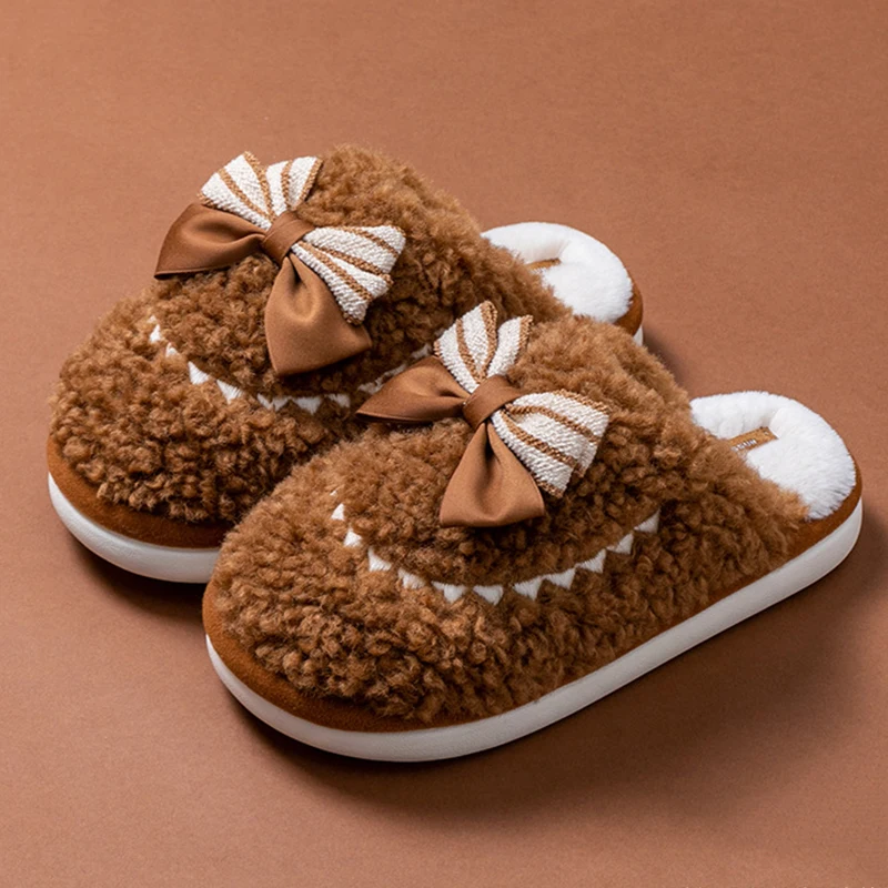 Faux Wool Bowknot Cotton Slippers Women Winter Thick Bottom Warm Indoor Home Shoes Woman Anti Slip Fluffy Plush Slides Ladies
