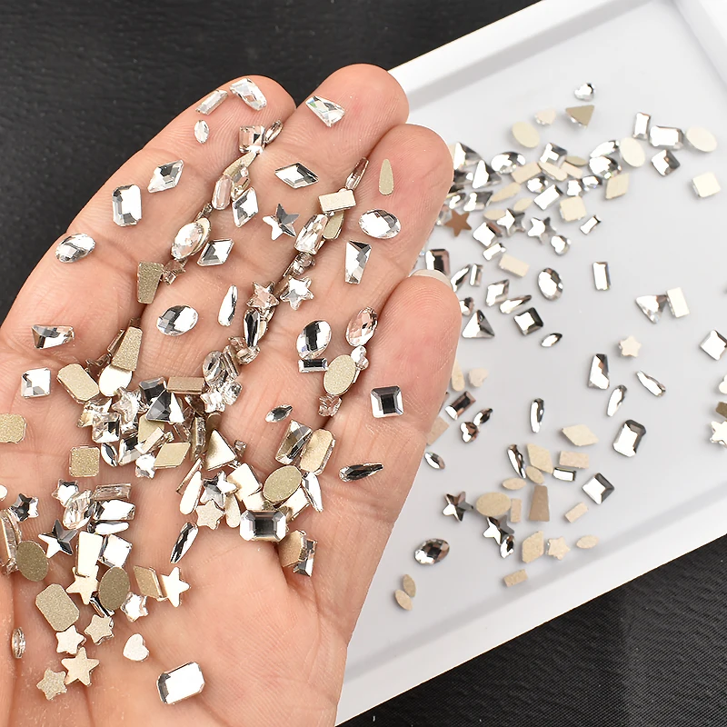 Mini diamantes de imitación para decoración de uñas, cristal blanco de fondo plano de 100/200 piezas, forma mixta, piedra de cristal de alta