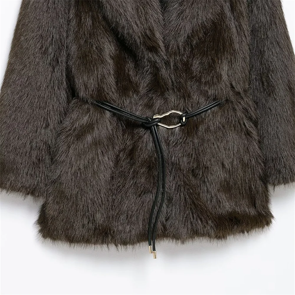 Zach Ailsa Women's Belt Decoration Collar Solid Color Medium Long Coat Autumn/Winter New Long Sleeve Loose Coat 6