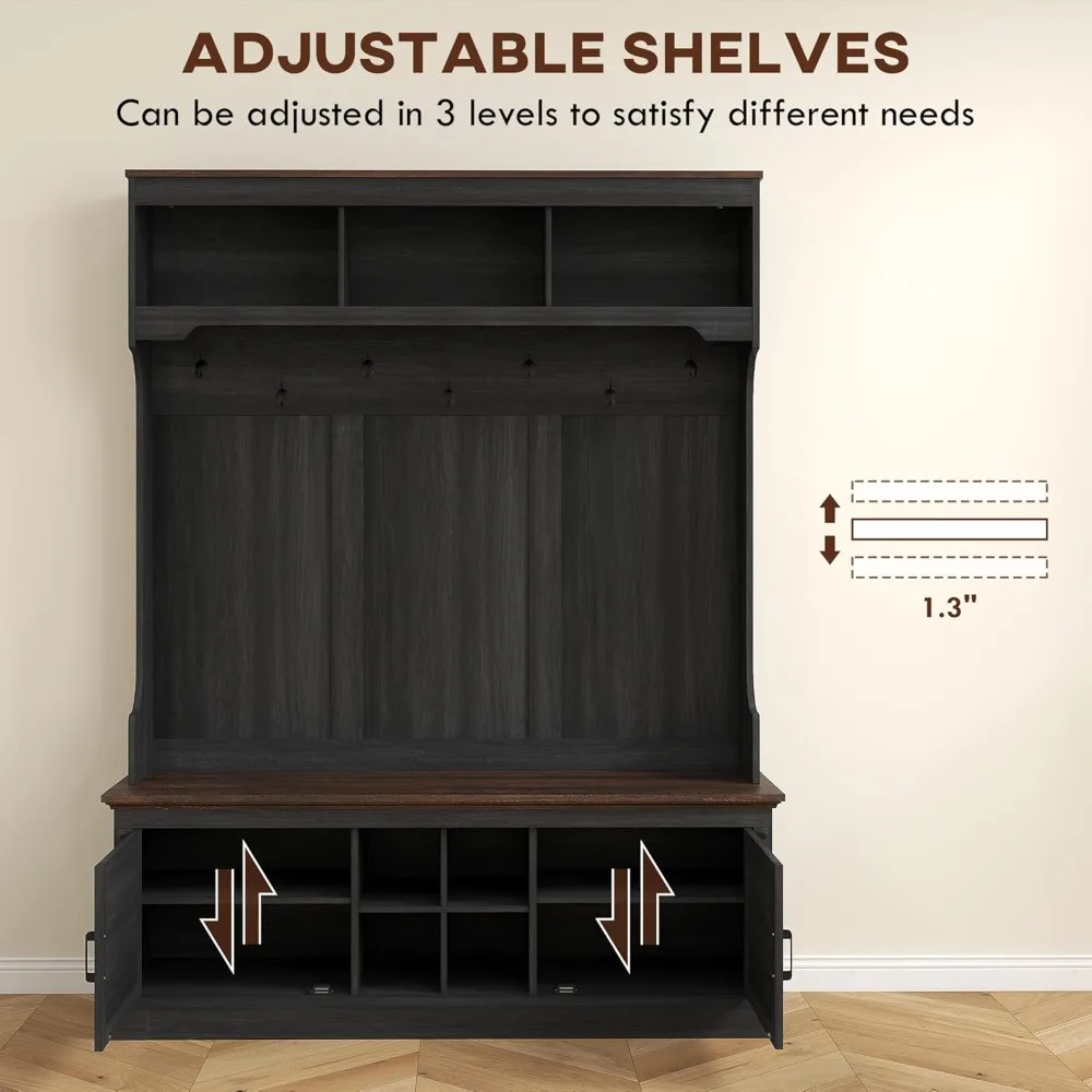 3-in-1 hall tree with storage, farmhouse coat rack with bench, standing shoe rack with seven hooks for entryway, black wood gra