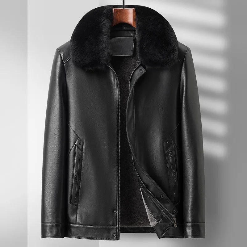 

2023 New Leather Men's Fashion Business Casual Trend Solid Color British Wind Remove Fur Collar Dad Load Plus Fat Leather Coat