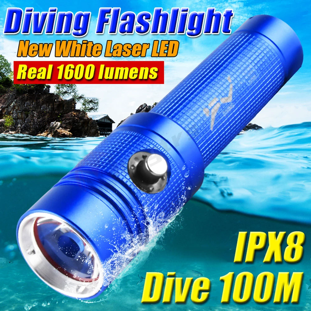 IPX8 Waterproof 1600LM LED Scuba Diving Flashlight Torch LED Dive Light Underwater 100M 3 Modes Super Bright Submersible Light
