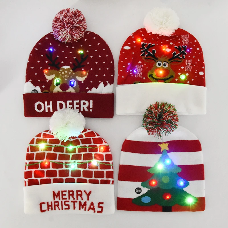 New Christmas Hat with Flashing LED Light Cartoon Santa Claus Snowman Elk Knitted Hat Cap Kids Adults New Year Christmas Gifts