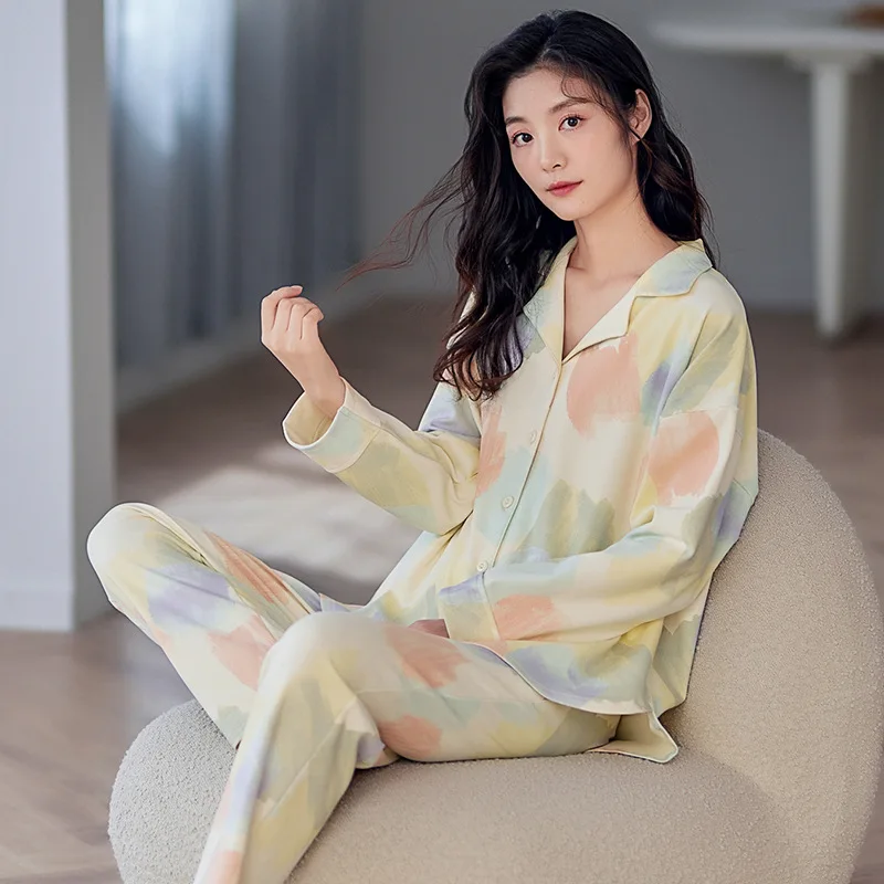 Spring Autumn Women's Pure Cotton Pajamas Lapel Long Sleeve Cardigan Pants Loose Fit Home Clothing Set Sweet Cute Sleepwear