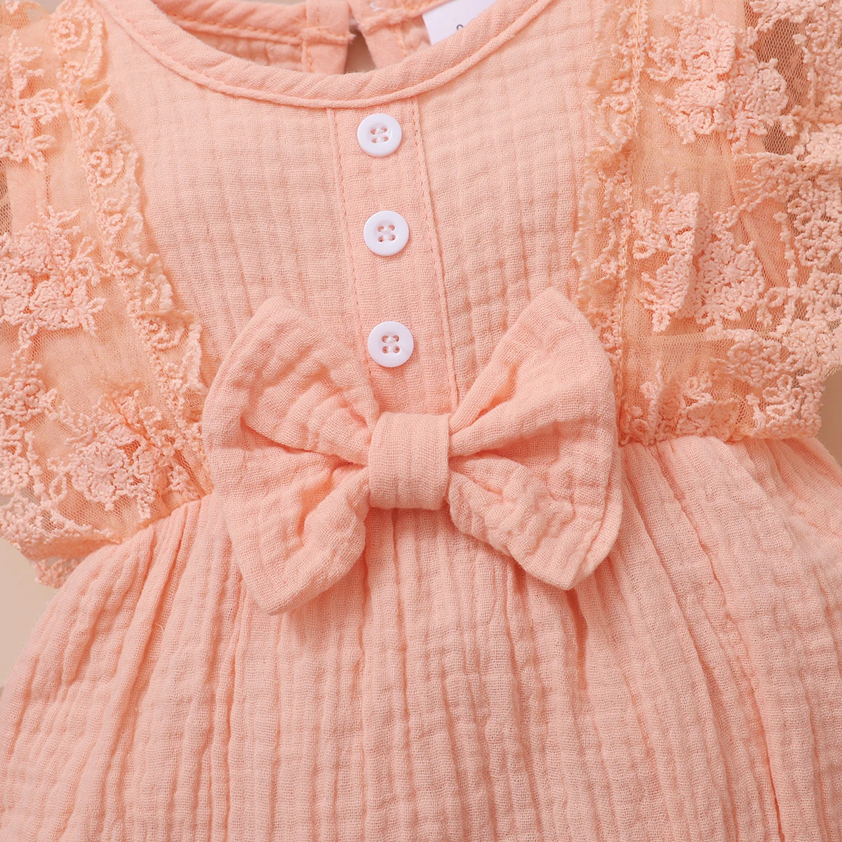 0-18 Months Newborn Baby Girl Plain Soft Bodysuit Lace Flared Sleeve Summer Romper with Headband Toddler Baby Girl Clothing 2