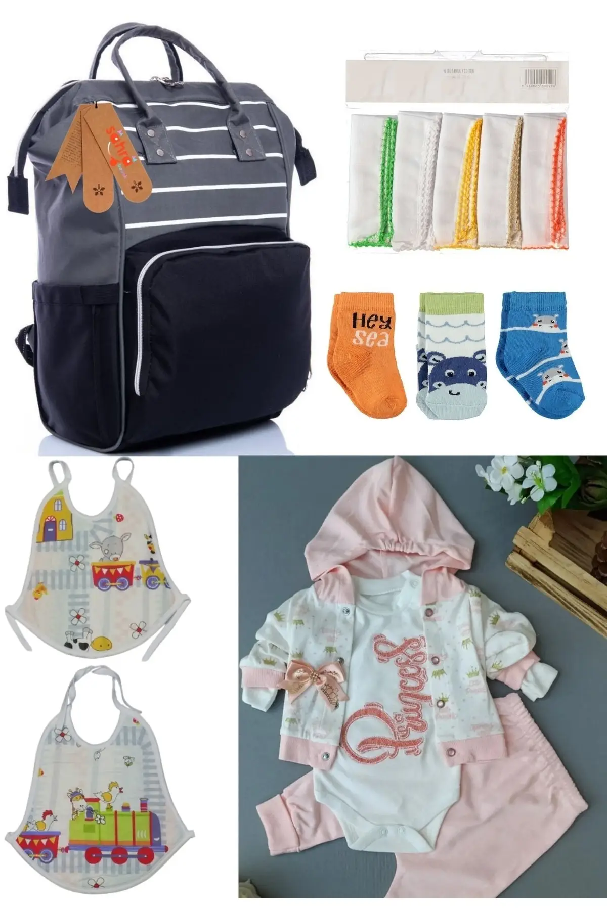 

6 Piece Birth Set (Baby Care Backpack, hospital Exit, 10-Hand Wipes, 3-Socks And 2-Piece Set) Gray