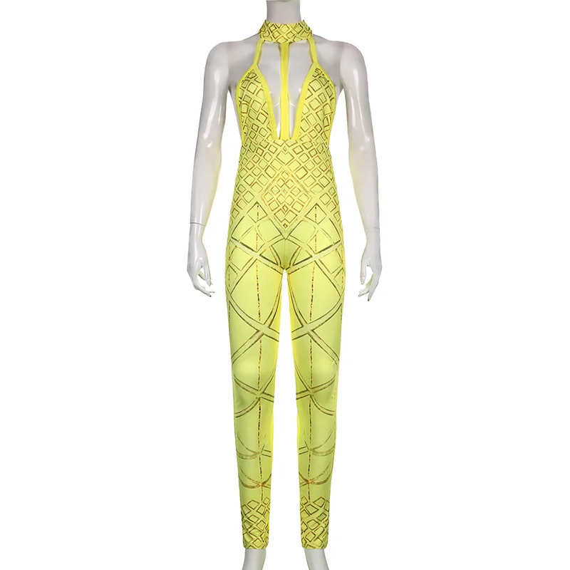BKLD Clothes For Women Plaid Print Deep V Halter Neck Sleeveless Backless Tight And Sexy Y2k Jumpsuit One Pieces Outfits