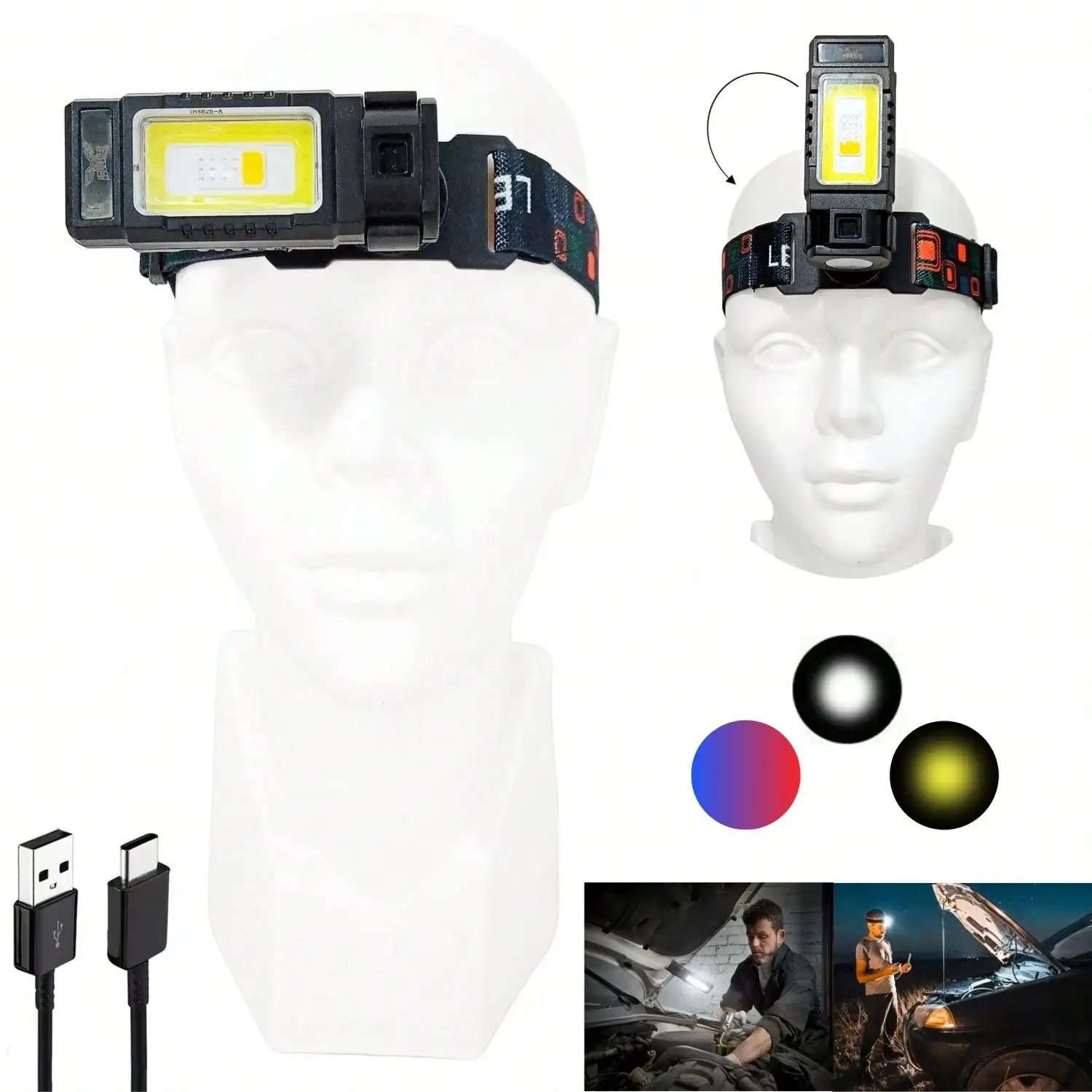 AGUILAMEX Lámpara de Cabeza con Imán y Pantalla LED Giratoria a Varios Ángulos, 7 Modos, USB Tipo-C