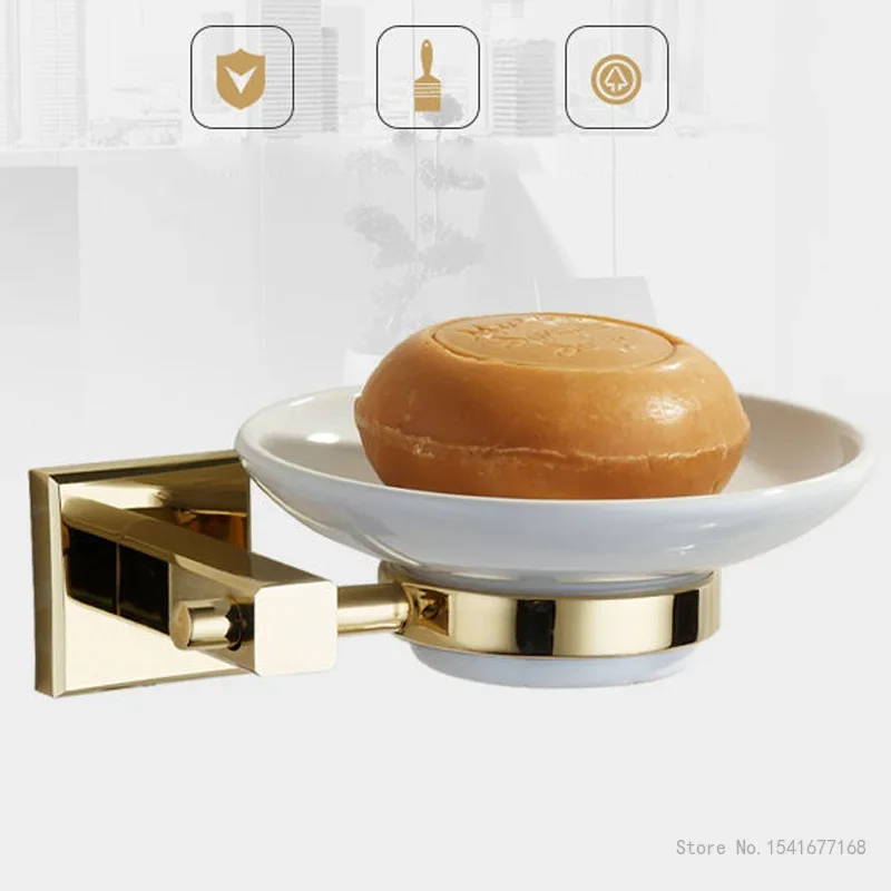 Nordic Wall-mounted Soap Dish, Toilet Soap Rack, Home Punch-Free, Gold Brass, Zinc Alloy, Glass, Ceramic Single Drain, 1Pc